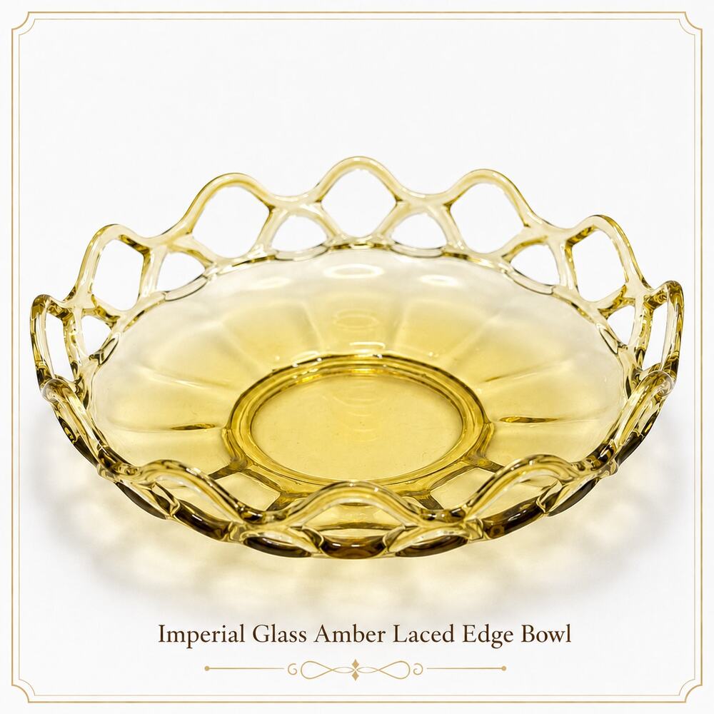 Vintage Imperial Glass Amber Laced Edge Open Lace Serving Bowl 9” Mid Century